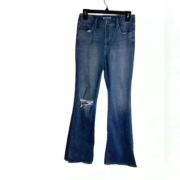 Good AMERICAN GOOD FLARE RIPPED SPLIT HEM FLARE JEANS IN BLUE458 SIZE 6/28 - Picture 2 of 10